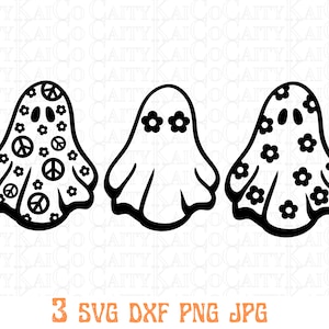 Retro flower ghost svg bundle of 3, retro Halloween svg, Daisy svg, peace sign svg, cute ghost svg, dxf, png, shirt design, download file