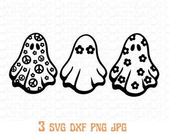 Retro flower ghost svg bundle of 3, retro Halloween svg, Daisy svg, peace sign svg, cute ghost svg, dxf, png, shirt design, download file