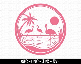 Flamingo pink tropical beach scene svg, flamingo svg, beach svg, summer svg, dxf, png, flamingo flock shirt design,instant download file