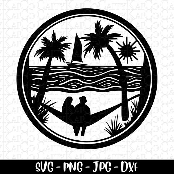 Beach couple svg, tropical island beach scene svg, hammock, palm tree svg, summer cut file, dxf, png, vacation shirt design, download file