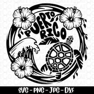 以下が含まれることがあります： スタイリッシュなウミガメ、波、ハイビスカスの花、そして「PUERTO RICO」の文字が書かれた白黒のデザインです。