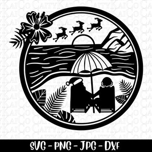 Santa und Mrs. Claus Weihnachtsmann und Rentier, Rentier, Strandszene, Insel Clipart, lustiges Urlaub Shirt Design, digitaler Download