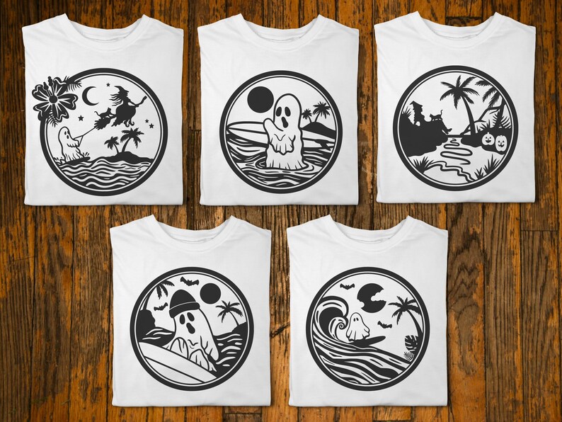 Beach Halloween SVG bundle of 10, Tropical beach scene SVG, surfer ghost svg,witch svg,palm tree svg,png,funny shirt designs,download files image 8