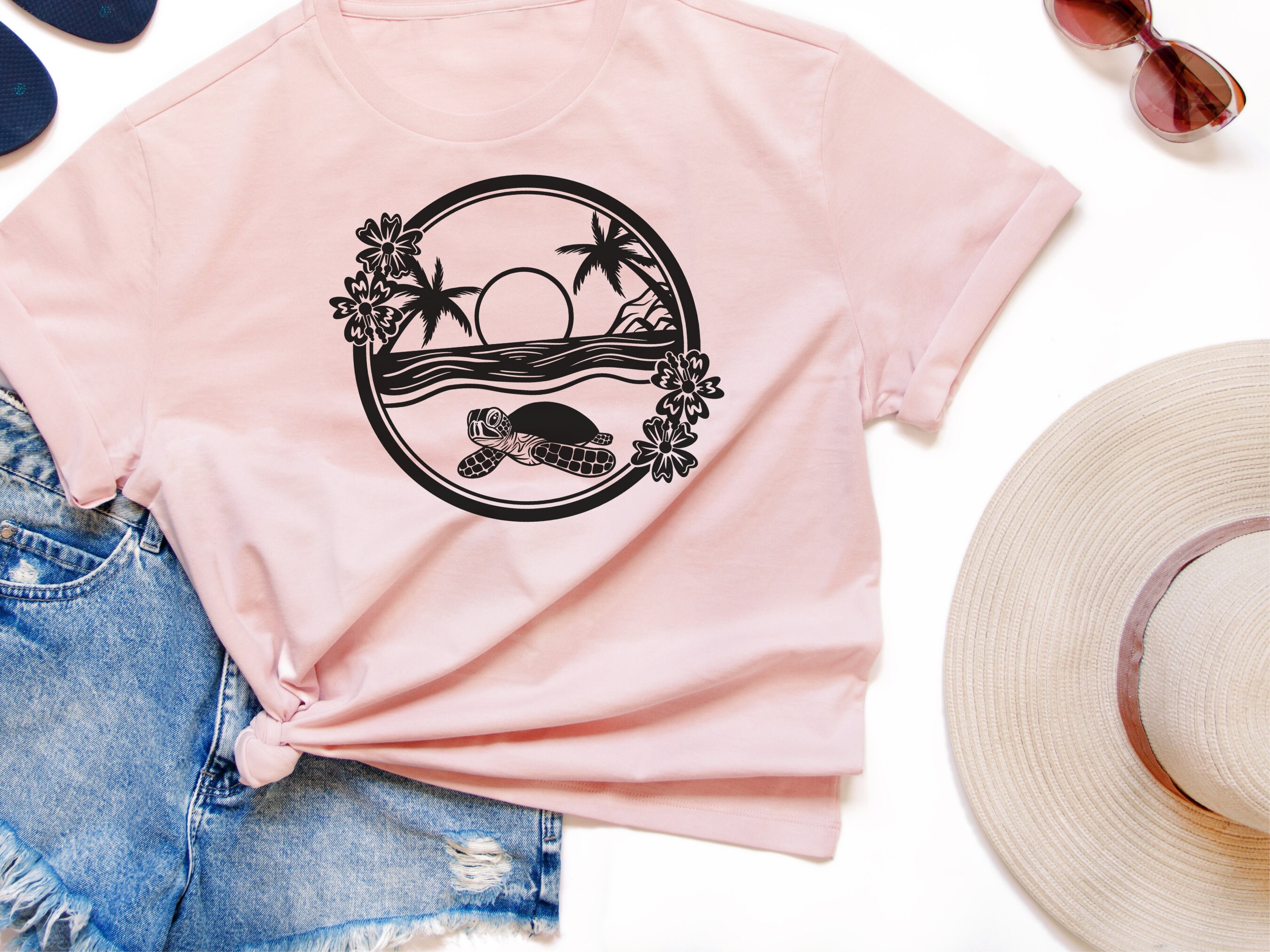 Sea Turtle Svg Tropical Island Beach Scene Svg Sunset Palm - Etsy