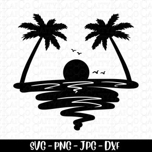 Beach SVG, palm tree svg, tropical island beach scene svg, sunset, cut file, dxf, png, shirt design, instant download file