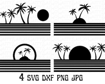 Tropical beach scene SVG bundle, island svg, palm tree svg, beach sunset svg, ocean waves, dxf, png, shirt designs, instant download files