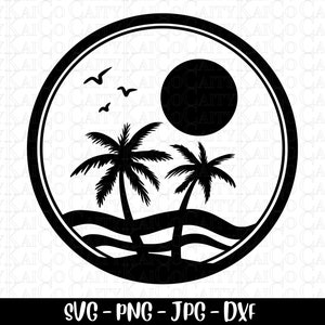 Beach SVG, palm tree svg, tropical island beach scene svg, ocean waves, cut file, dxf, png, shirt design, instant download file