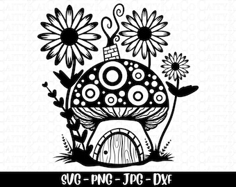 Mushroom cottage svg, gnome home svg, hongo svg, archivo de corte, casa de hongos imágenes prediseñadas caprichosas, dxf, png, jpg, archivo de descarga digital