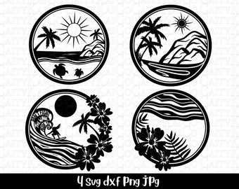 Tropical beach scene SVG bundle of 4, island beach svg, palm tree svg, sea turtle svg, dxf, png, shirt designs, instant download files