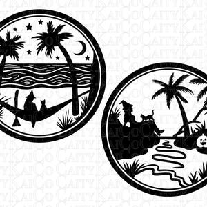 May include: Two black and white illustrations of Halloween scenes. The first shows a witch and cat in a hammock under palm trees with a crescent moon. The second shows a witch and cat sitting by a stream with palm trees and pumpkins.