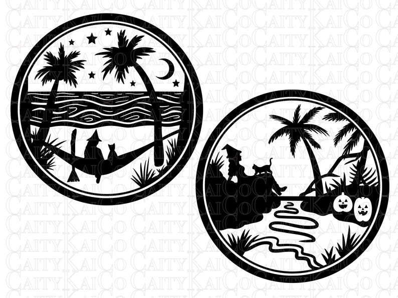 May include: Two black and white illustrations of Halloween scenes. The first shows a witch and cat in a hammock under palm trees with a crescent moon. The second shows a witch and cat sitting by a stream with palm trees and pumpkins.