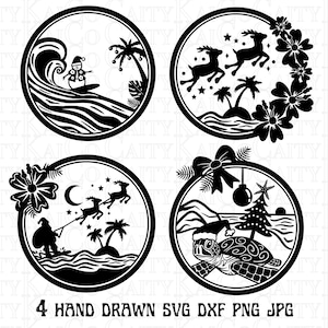 Paquete SVG de Navidad de playa de 4, Escena de playa tropical SVG, Santa svg, tortuga marina svg, reno svg, png, diseños de camisas de isla, descargar archivos