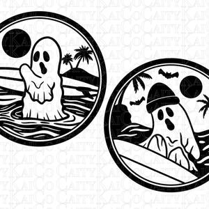 May include: Two black and white illustrations of ghosts surfing on waves. The ghosts are wearing hats and have a friendly expression. The illustrations are set against a background of palm trees and a full moon.