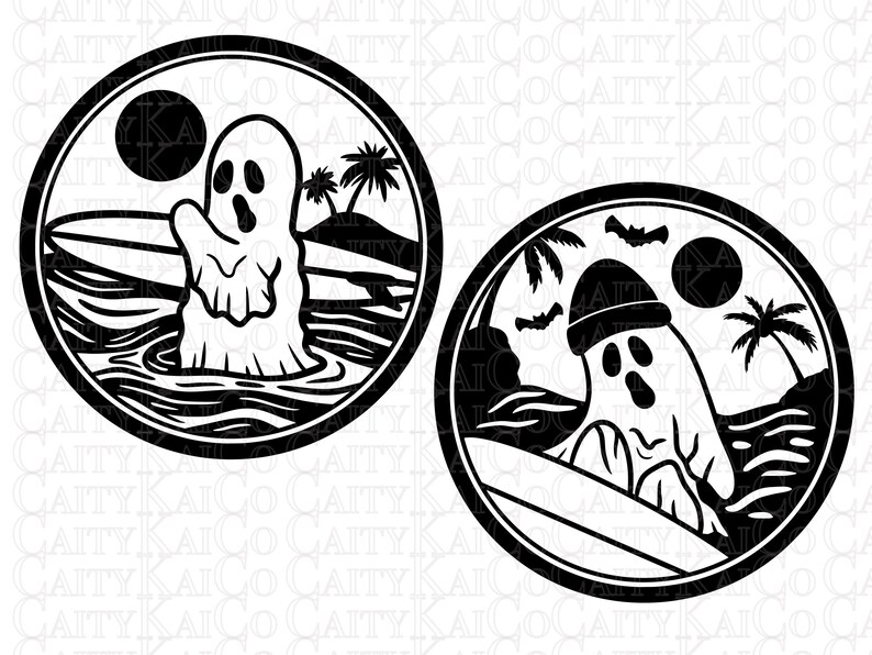 May include: Two black and white illustrations of ghosts surfing on waves. The ghosts are wearing hats and have a friendly expression. The illustrations are set against a background of palm trees and a full moon.