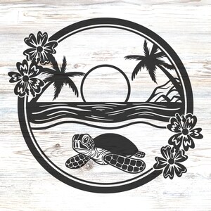 Sea Turtle Svg, Tropical Island Beach Scene Svg, Sunset Palm Tree Beach ...