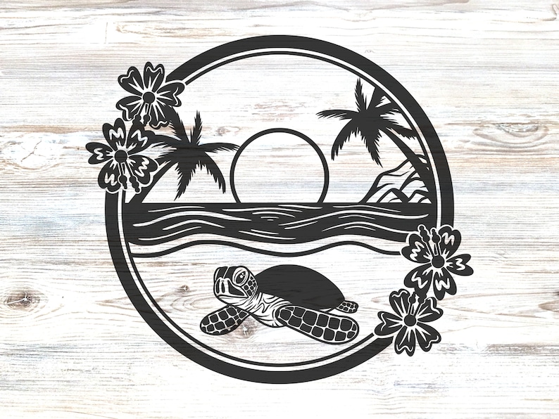 Sea Turtle Svg, Tropical Island Beach Scene Svg, Sunset Palm Tree Beach ...