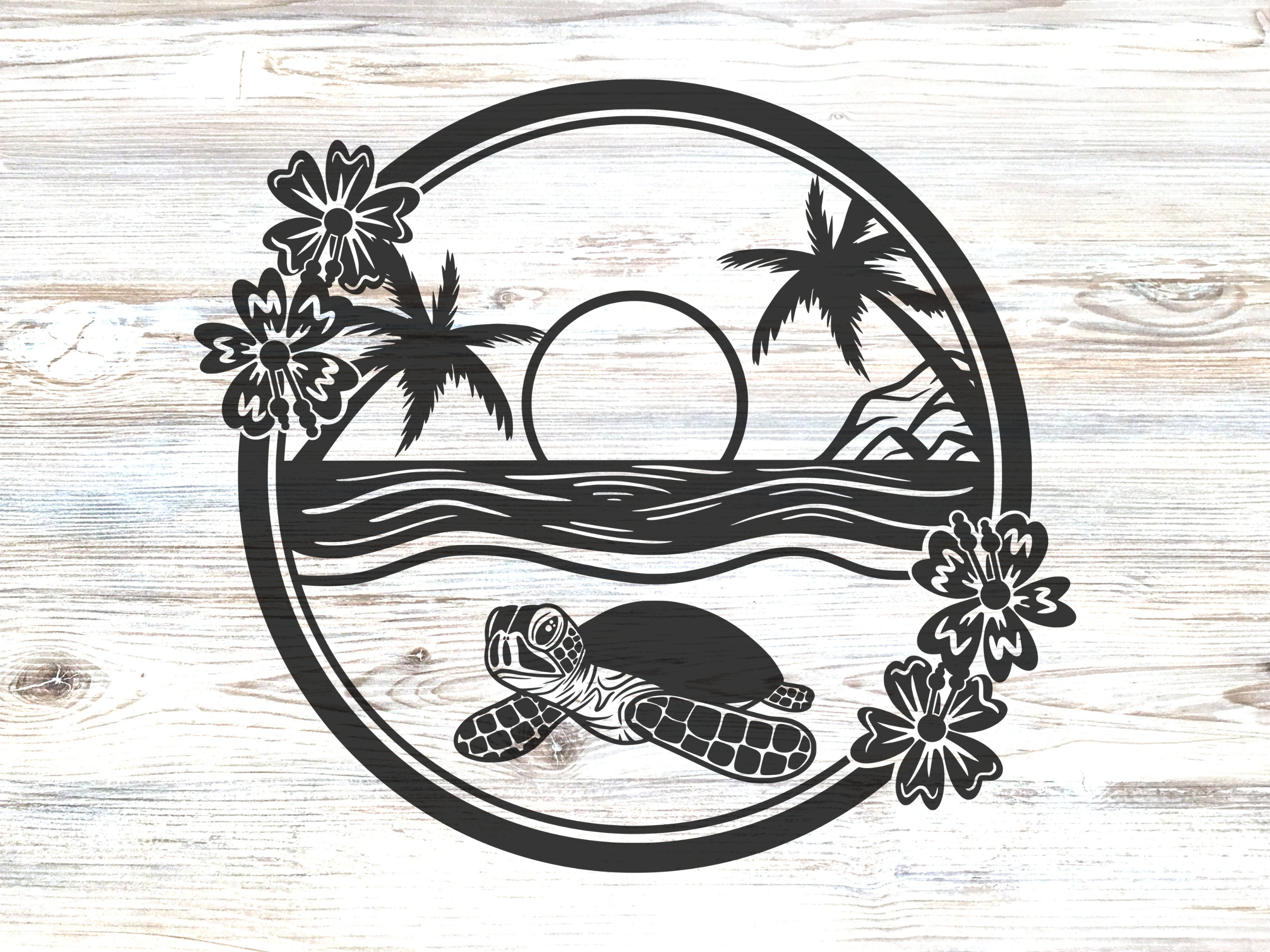 Sea Turtle Svg, Tropical Island Beach Scene Svg, Sunset Palm Tree Beach ...