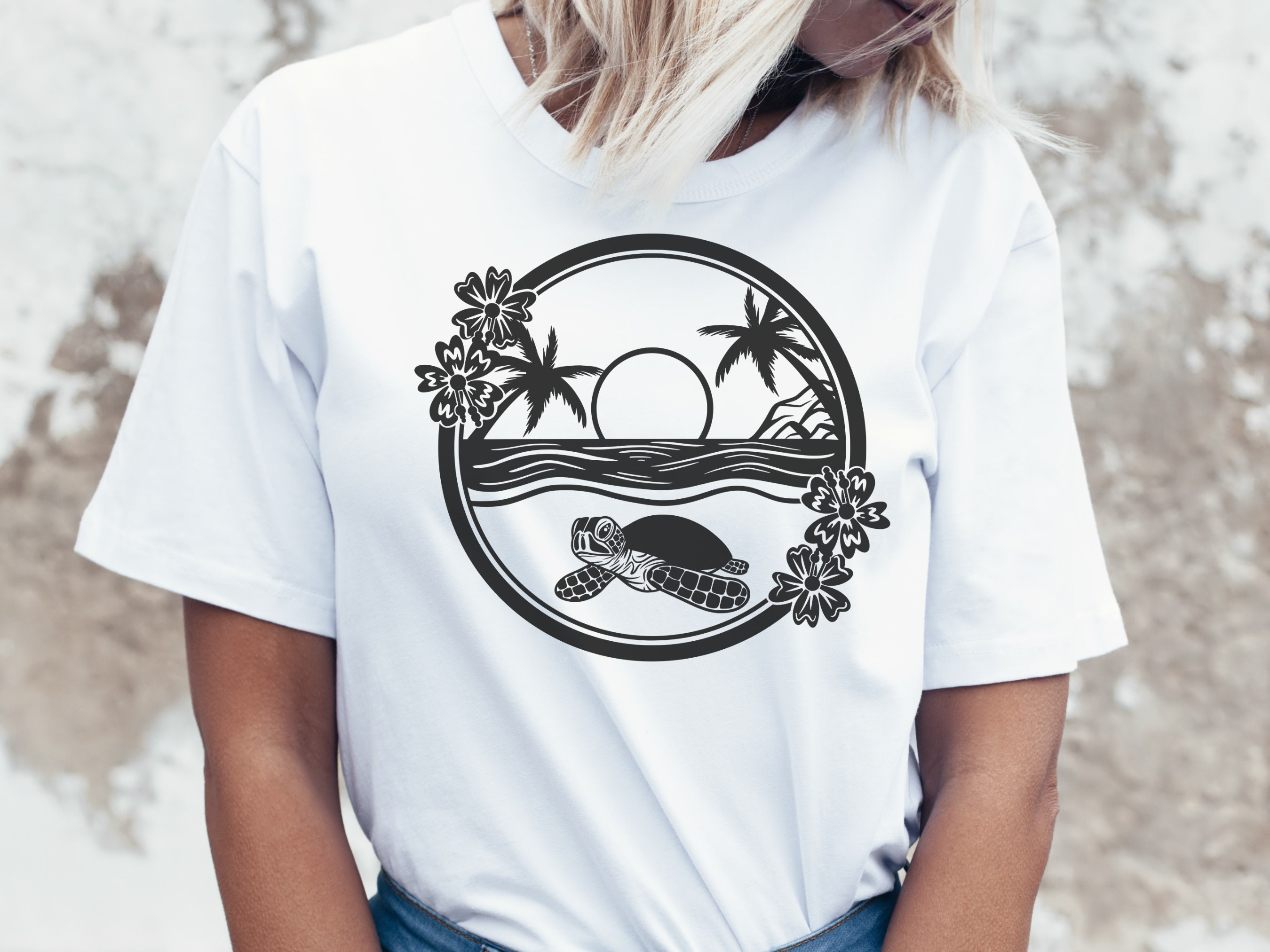 Sea Turtle Svg, Tropical Island Beach Scene Svg, Sunset Palm Tree Beach ...