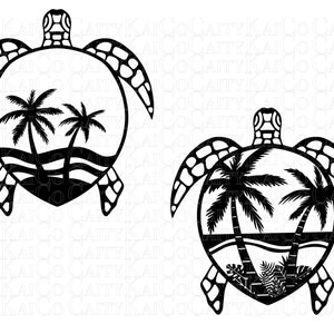 May include: Black and white silhouette of a sea turtle with palm trees and ocean waves inside the shell.