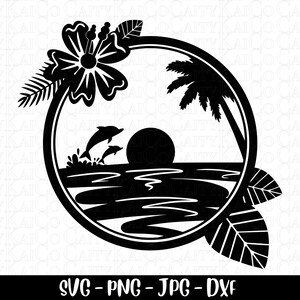 Delfin SVG, tropischer Strand Szene svg, Strand svg, handgezeichnete Delfin Clipart, geschnitten Datei, dxf, png, Shirt Design, sofortiger download Datei