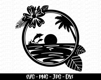 May include: Black and white silhouette design of a tropical scene with a palm tree, hibiscus flower, and two dolphins jumping out of the water. The scene is set in a circle with a sun and ocean waves.