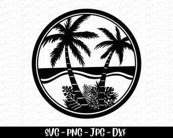 Strand SVG, palmboom svg, tropisch eiland strand scène svg, gesneden bestand, dxf, png, shirt design, instant download bestand
