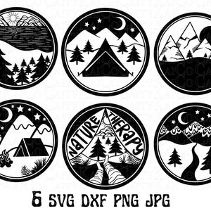 Camping scenes SVG bundle of 6, mountain camping svg bundle, tent svg, lake svg, hiking svg, dxf, png, shirt design bundle, download files