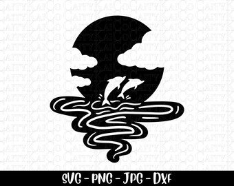 イルカの夕日の svg、海のビーチのシーンの svg、イルカの svg、ビーチの svg、カット ファイル、png、海の動物、イルカのシャツのデザイン、インスタント ダウンロード ファイル