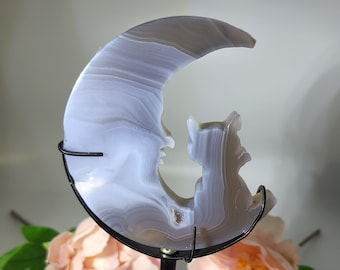Pretty Banded Agate Moon with Cat Carving - Natural Blue Agate Carving on stand - FREE STAND