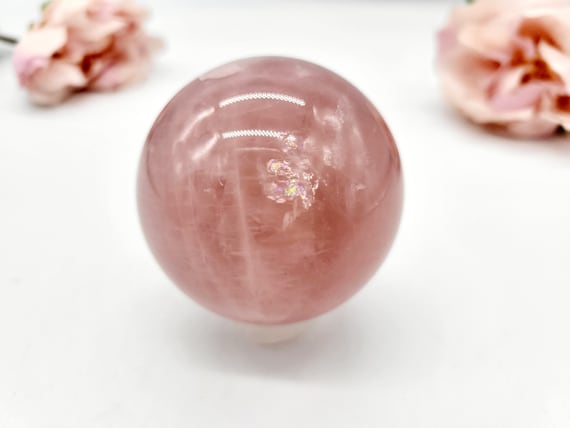 Natural Star Rose Quartz Crystal Sphere - Beautiful Deep Pink colour - With Rainbows and star flash!