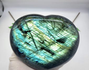 Statement 6.6inch Full Flash Labradorite Crystal Heart - Flashy Labradorite - Green and Blue Flash - FREE stand