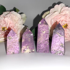 Può includere: Quattro cristalli viola con superficie strutturata e sommità appuntita sono disposti in fila. I cristalli sono davanti a fiori rosa con foglie verdi. I cristalli hanno un mix di colori viola e bianchi.