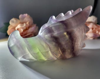 Large 4.75" Fluorite Crystal Dragon Carving - Rainbow Fluorite Carving - Crystal Collection Piece