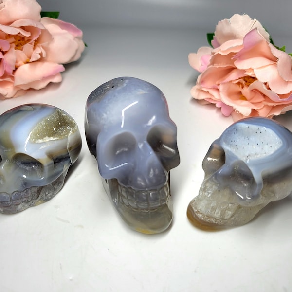 Natural Druzy Agate Crystal Skulls - High Quality Grey Agate Quartz Skull Crystal - Crystal Skull Carving
