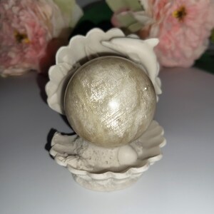 May include: A decorative, off-white seashell-shaped holder with a sphere. The sphere is a light, pearlescent color with subtle striations. The holder has a dolphin design and is set against a blurred floral background.