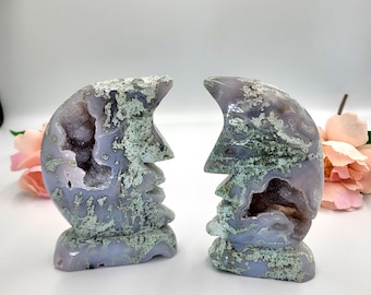 Druzy Moss Agate Moons - Standing Big size - Crystal Moon Face