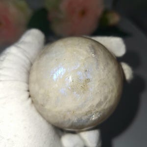 May include: A polished, spherical moonstone crystal. The stone is a creamy white color with iridescent blue and purple flashes. The sphere is held in a white gloved hand, with soft pink flowers in the background.