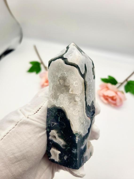 Beautiful Druzy Moss Agate Tower - Colourful Moss agate Crystal - Drusy Moss agate