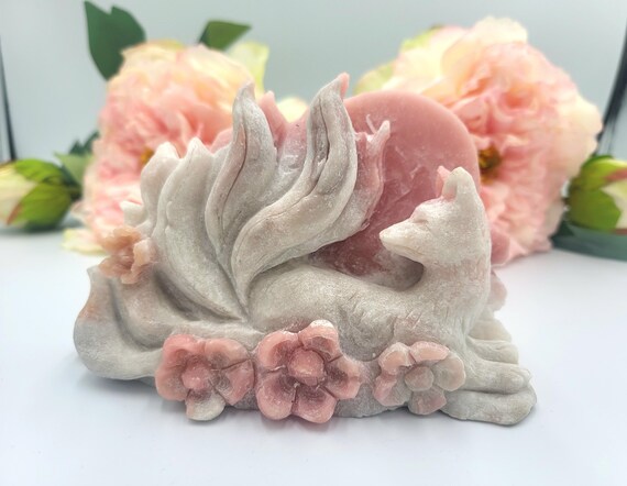 Large Pink opal Crystal 9 tailed Fox Carving - Statement Fox Crystal Carving - Crystal Animal