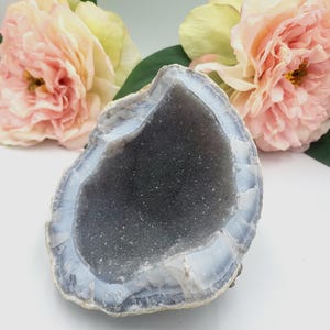 May include: A geode with a dark gray interior and a light blue and white outer edge. The geode is set against a backdrop of soft pink and yellow flowers with green leaves, creating a natural and decorative display.