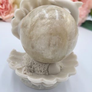 May include: A cream-colored decorative sphere held by a seashell-shaped base with a dolphin accent. The sphere has a marbled appearance. The base has a scalloped edge and is decorated with coral and other sea life.