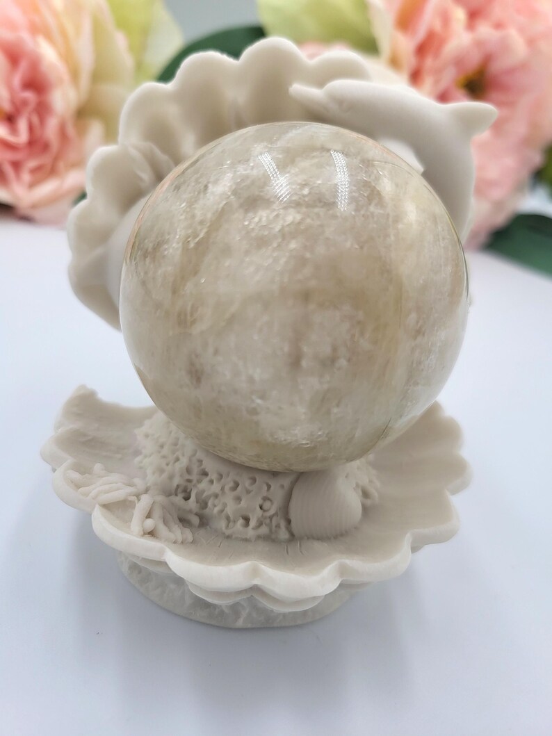 May include: A cream-colored decorative sphere held by a seashell-shaped base with a dolphin accent. The sphere has a marbled appearance. The base has a scalloped edge and is decorated with coral and other sea life.