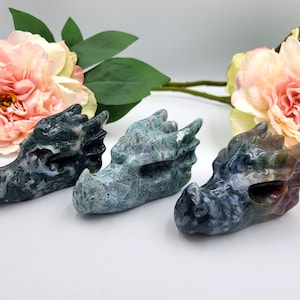 4&quot; Colorful Moss Agate Dragon Carving - Natural Moss Agate crystal Dragon Head Carving