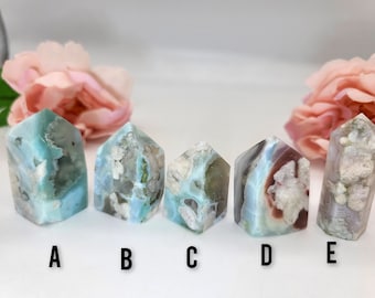 Beautiful Blue and Green Flower Agate points - High quality mini green sakura agate crystal towers - You choose