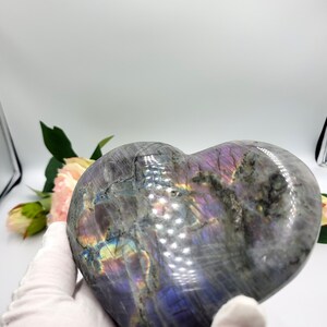 May include: A heart-shaped labradorite stone with iridescent flashes of purple, blue, and gold. The polished stone is gray with a smooth surface. The heart is held in a gloved hand, with a soft pink flower and green leaves in the background.