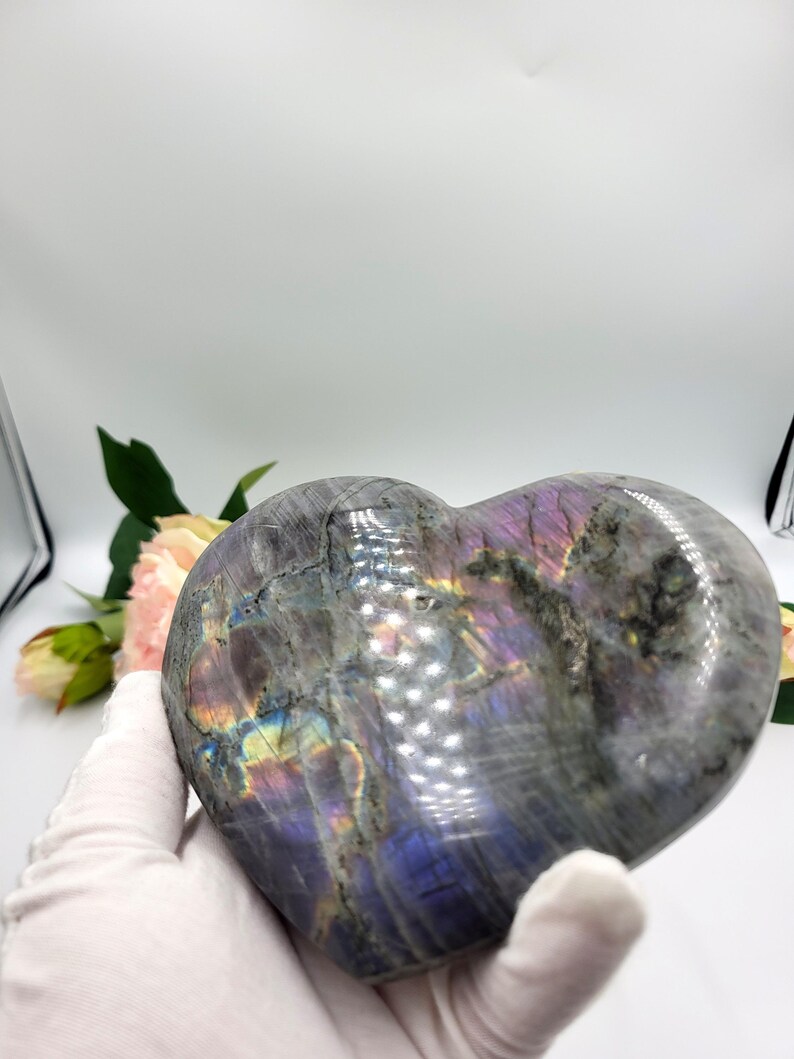 May include: A heart-shaped labradorite stone with iridescent flashes of purple, blue, and gold. The polished stone is gray with a smooth surface. The heart is held in a gloved hand, with a soft pink flower and green leaves in the background.