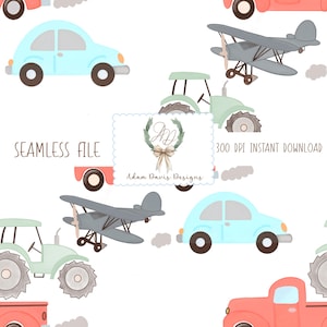 Seamless Pattern | Boys Automobiles | Planes Trains Automobile | Watercolor | Plane train | Coquette | Scrapbook Paper | Digital Wallpaper