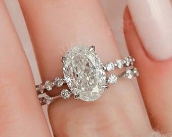 2.5 Oval Cut Moissanite Diamond Wedding Ring Set, 14K White Gold Anniversary Ring Set, Promise Ring Set, Oval Solitaire Engagement Ring