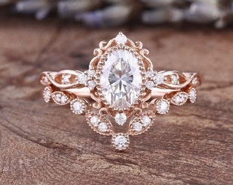 14K Rose Gold Anniversary Ring Set Oval Shaped Moissanite Wedding Ring Set Round Diamond Curved Matching Band Anniversary Gift Promise Ring