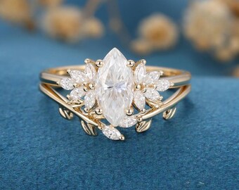 1 CT Marquise Moissanite Engagement Ring, 14K Yellow Gold Anniversary Ring Set, Art Deco Bridal Wedding Ring Set, Marquise Gift for Woman